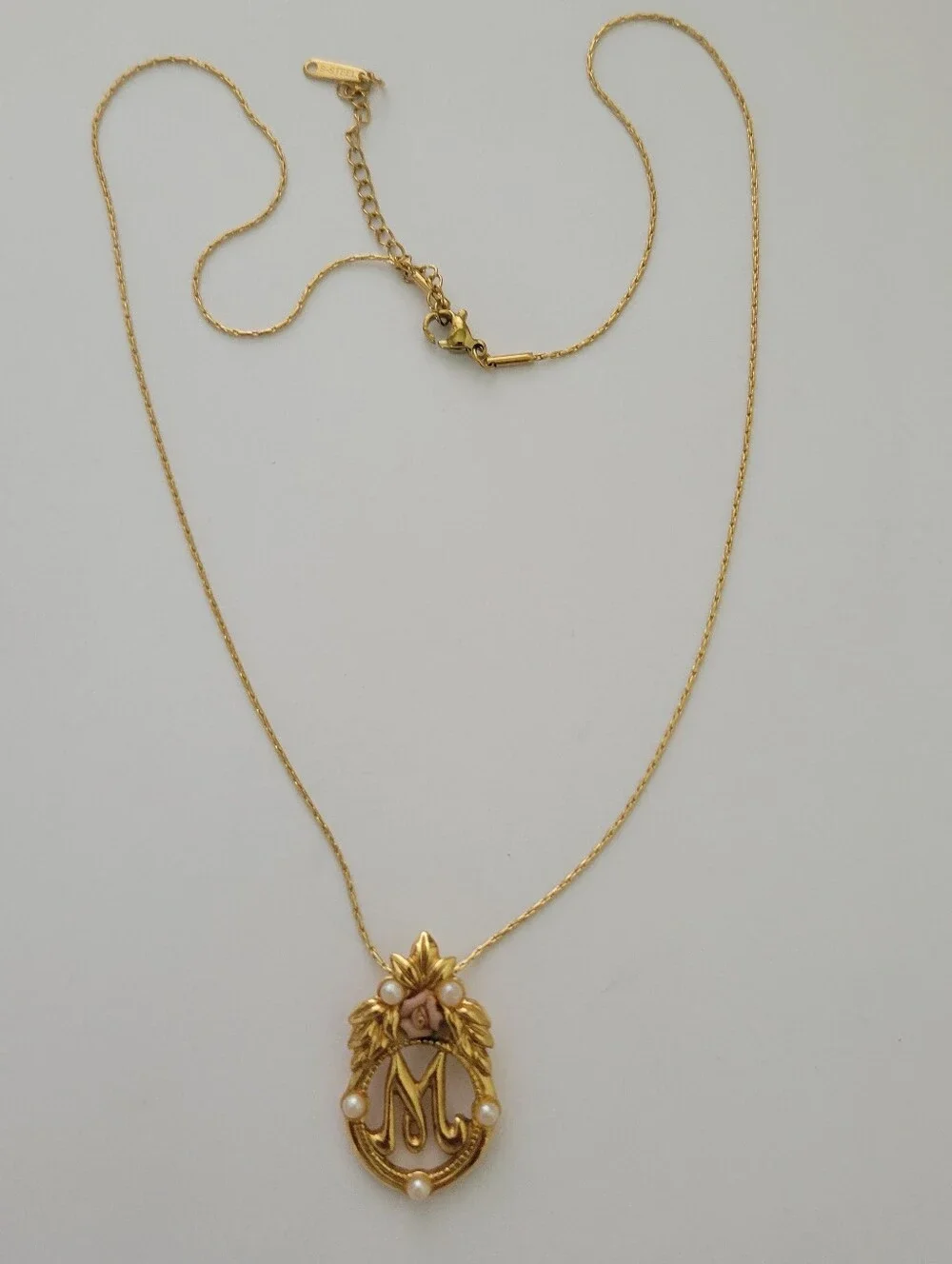 Avon 1980's Gold Tone Victorian Style Rose Faux Pearl Initial M Pendant Necklace